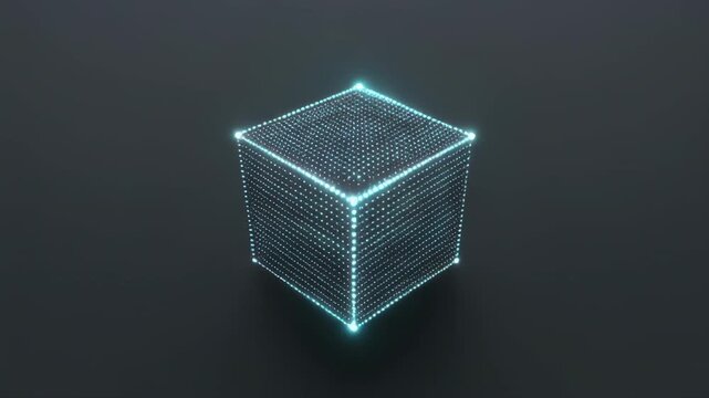 Digital cube rotating with data points during a dark tech presentation for technology concepts