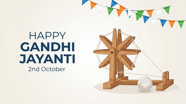 Happy Gandhi Jayanti clean background banner with 3D wooden charkha spinning wheel and double row tricolor bunting flags