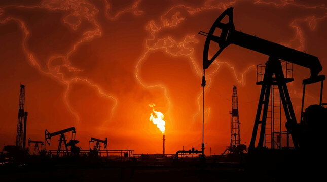 Global Oil Extraction Industry Pump Jacks Silhouetted Against a Fiery Sunset and World Map Outline