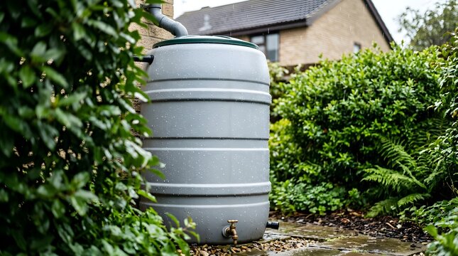 Grey water butt harvesting rainwater in a lush green sustainable garden