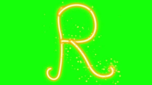 A glowing golden letter R is drawn by a magical light streak with glittering sparkles on a bright green screen chroma key background.