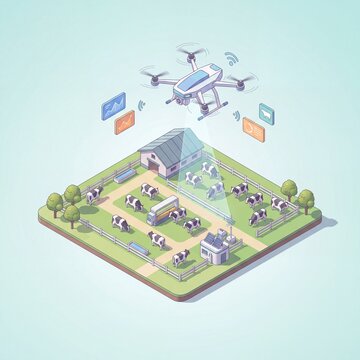 Isometric 3D Drone Monitoring Cattle Herd in Modern Paddock