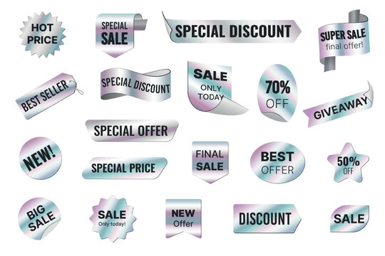 Set of chrome gradient sale stickers with discount, offer, and promotion messages in various shapes, ideal for marketing and advertising designs, isolated on white background vector illustration