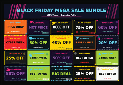 Black friday mega sale bundle with many discount price tags or coupon designs.