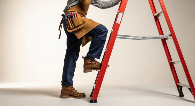 Handyman climbing red ladder with tool belt