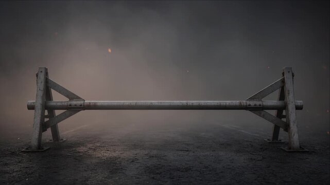 Cinematic Climate Disaster with Weathered Industrial Metal Barrier Wet Road, Dark Smoke and Dense Fog Creating Stark Symmetry, Stormy Isolation, Environmental Danger, and Tense Atmospheric Weather