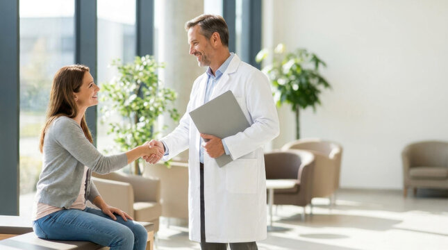 Medical clinic handshake patient discharge consultation office doctor file agreement care support recovery treatment followup