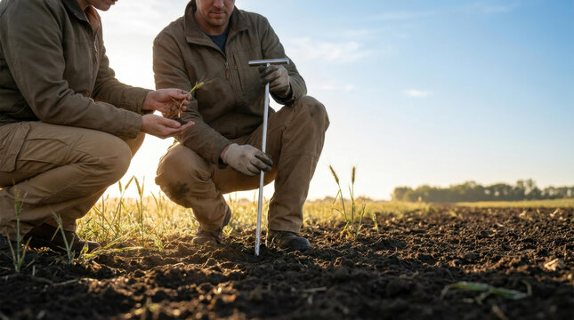 Agronomist soil moisture probe precision field test in crop soil under sunlight