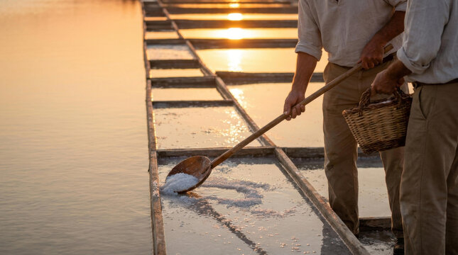 Salt harvest wooden skimmer traditional method salt pan manual labor sunset light wicker basket shallow water rural work salt production