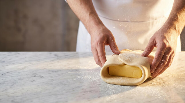 Pastry chef folding dough around butter block on marble counter in warm kitchen