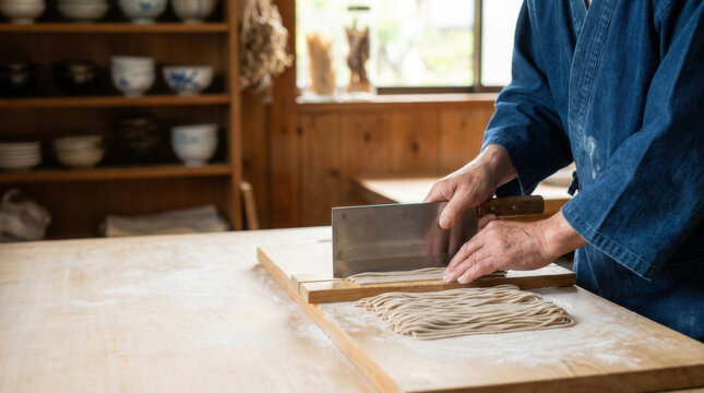 Handmade soba buckwheat noodle slicing artisan wooden kitchen traditional Japanese flour dough