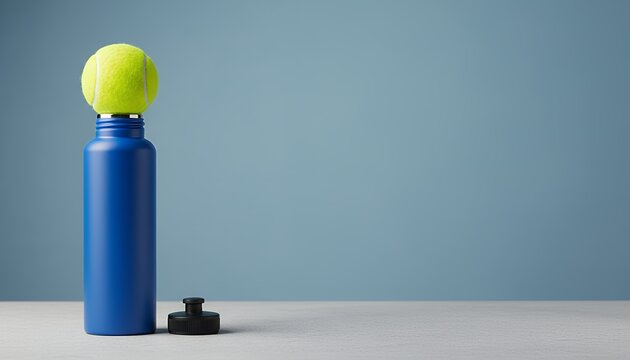 青いスポーツボトルとテニスボール