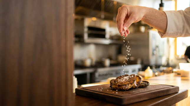 Salt steak sprinkle culinary kitchen cooking hand meat seasoning sea salt salt flake dining chef food dinner meal grill roast wooden board cutting