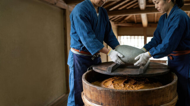 Heritage cedar miso vat stone weight lift natural fermentation craft in traditional brewery
