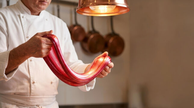 Hand pulled glossy sugar ribbon stretch artisanal confection under warm lamp light