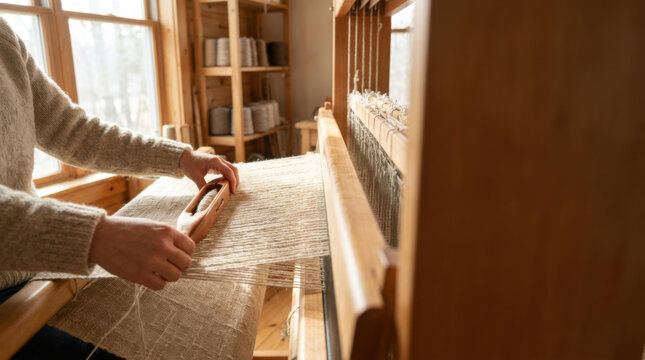 Hand weaving on loom textile craft natural fiber wooden frame indoor workshop calm hands warm light slow rhythm
