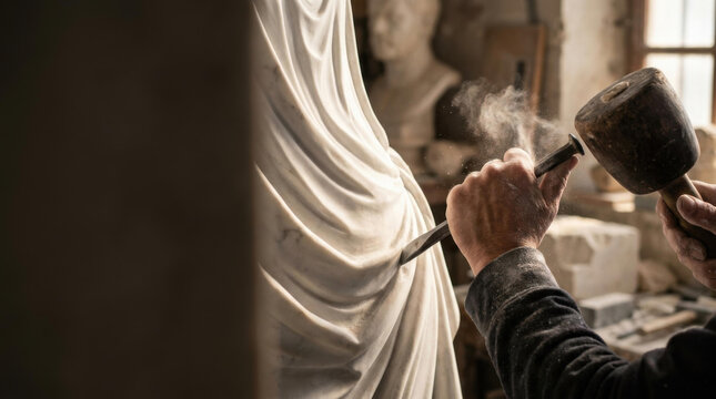 Stone sculptor chisel strike fine art marble statue sculpting studio dust cloud artisan craft hand tool stone carving workshop mood
