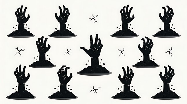 Scary zombie hands emerging from dark ground patterns created with simple flat black vector graphic style