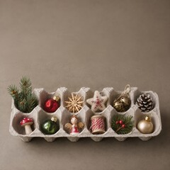Fototapeta premium Grey egg carton holding various miniature Christmas ornaments, with recycled pulp texture and a cozy craft mood for sustainable decor and banners