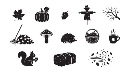 Obraz premium Set of autumn harvest icons featuring pumpkin, maple leaf, squirrel, scarecrow, mushroom, and hay bale in black silhouette style for seasonal design projects and fall themed graphics on transparent