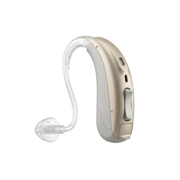 Modern beige behind the ear hearing aid device isolated background.