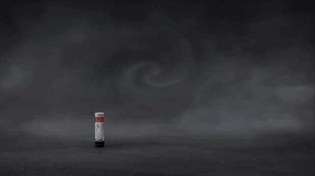 Cinematic Climate Disaster Concept Solitary Medicine Container Dark Barren Surface Beneath Swirling Storm Cloud and Smoke, Evoking Isolation, Uncertainty, Environmental Crisis, and Dramatic Negative