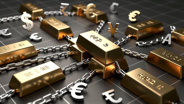 Gold bars linked by chains with currency symbols, symbolizing global financial interconnectedness.