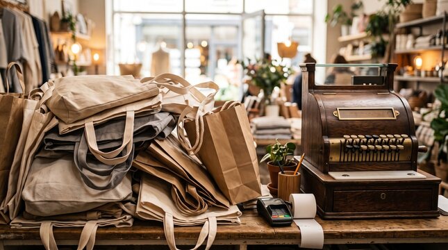 Pile of reusable shopping bags and vintage cash register in a retail store vector illustration