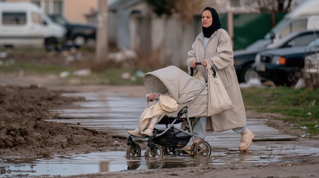 Middle Eastern woman in a hijab pushing a stroller through muddy ground with wet duckboards for regional festival marketing and travel guides