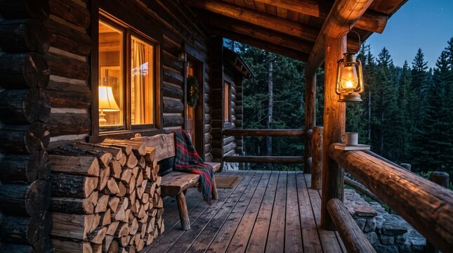 Cozy Log Cabin Porch at Dusk with Lantern and Stacked Firewood vector illustration