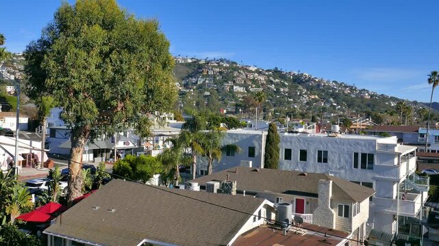 Laguna Beach, California - January 2024: Rooftop view of the beachside city of Laguna Beach, California on a sunny January afternoon.