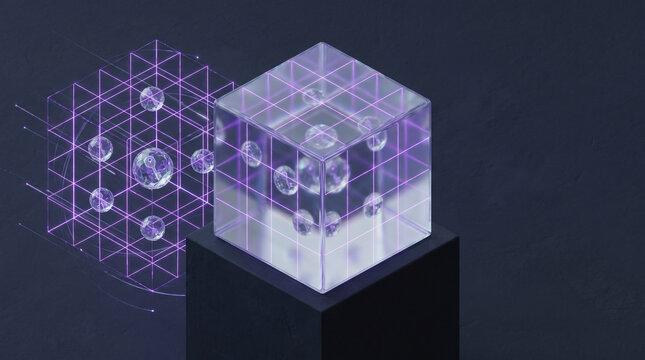 Isometric 3D render of translucent glass data vault cube encased in glowing purple laser grid with floating cryptographic key spheres on dark slate backdrop with copy space