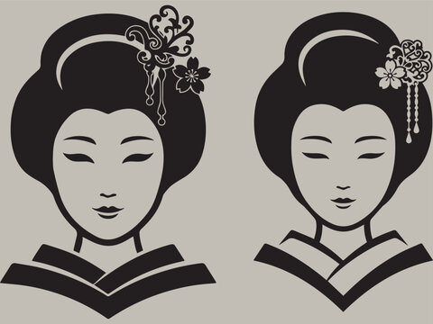 Japanese Geisha Girl Portrait Vector Set - Traditional Asian Woman Silhouette Icon