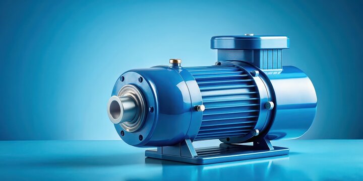 Electric pump with asynchronous motor on blue background, machinery