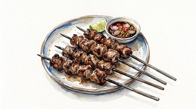 Watercolor illustration of sate klathak, Indonesian lamb satay skewered on iron rods, simple seasoning, smoky brown tones, white background, no border, no frame, rustic food illustration