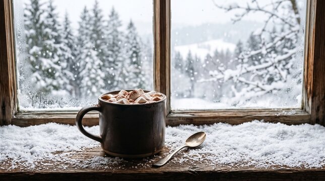 Cozy Winter Scene Hot Chocolate With Marshmallows By Frosted Window Overlooking Snowy Forest vector illustration