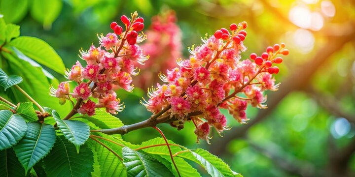 Close-up shot of bright red horse chestnut flowers and green leaves on a sturdy branch, set against a soft focus natural background , botanical, outdoor scenery