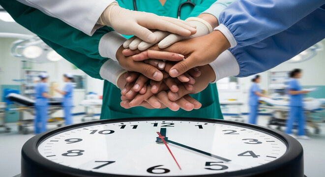 Healthcare team unity over clock in hospital setting