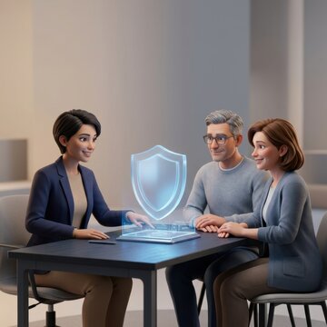 Female advisor consulting a couple on cybersecurity and data protection with a shield icon