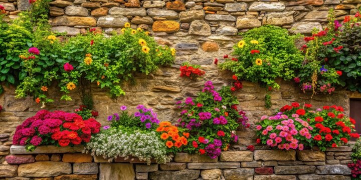 Traditional stone wall with lush greenery and colorful flowers isolated on a rustic background , rustic, stonewall