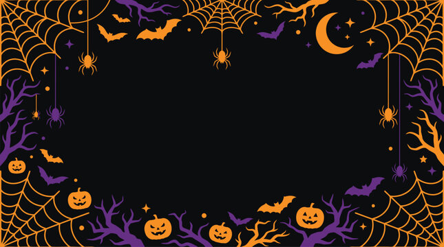 A spooky dark halloween background vector featuring carved pumpkins bats and cobwebs for festive holiday party invitation card design templates