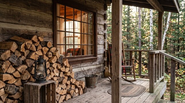 Cozy Log Cabin Porch with Firewood and Rocking Chair in Autumn Forest vector illustration