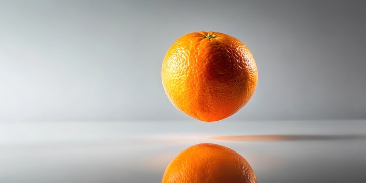 Vibrant orange citrus fruit flies freely in mid-air on a plain white background, surrounded by subtle shadows and reflections , still life, orange fruit