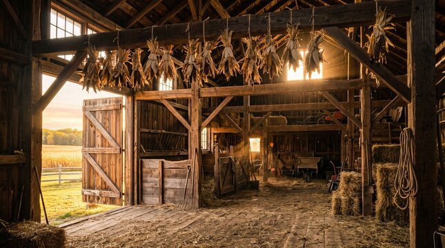 Rustic barn interior with drying corn and bales of hay at sunset vector illustration