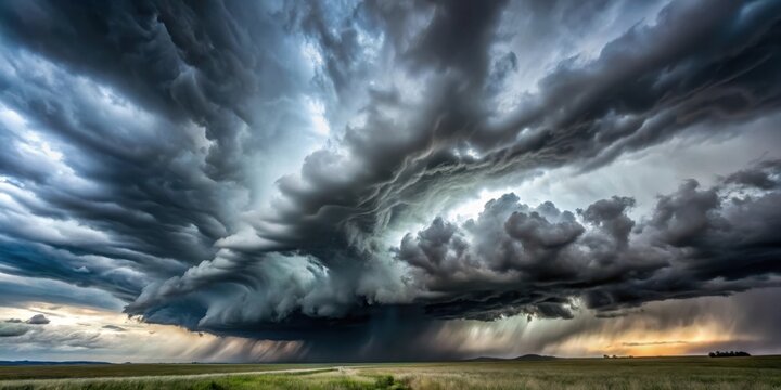 Dense grey clouds sprawl across a turbulent sky, heavy with rain and ominous thunder , ominous weather, gloomy landscapes