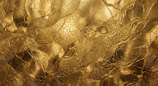 Abstract luxurious gold metal texture with intricate cracked and wavy patterns