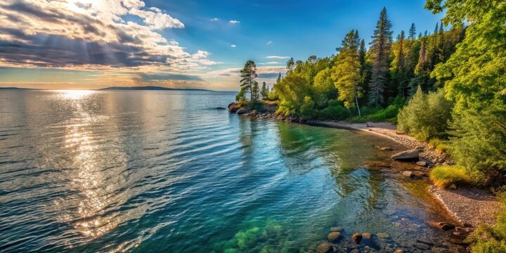 Muted lake waters with silhouetted trees and sunlit shoreline of Lake Superior , water, superior lake