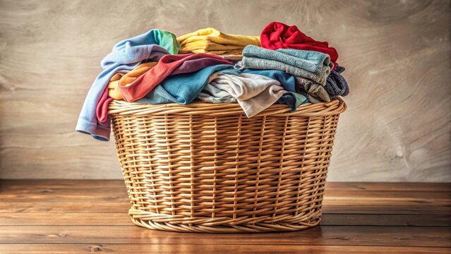 Wicker basket overflowing with folded clothes in various colors and textures