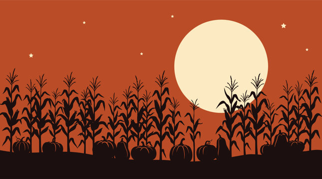 A spooky halloween background vector illustration featuring a full moon rising over a dark corn field at night time scene