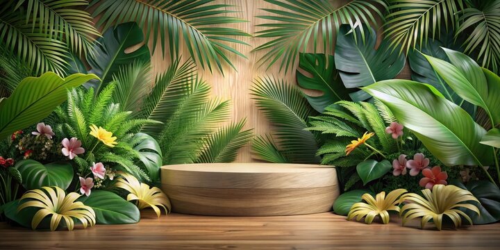 A natural podium made of wood with a tropical leaf background and a few exotic flowers surrounding it , foliage, podium